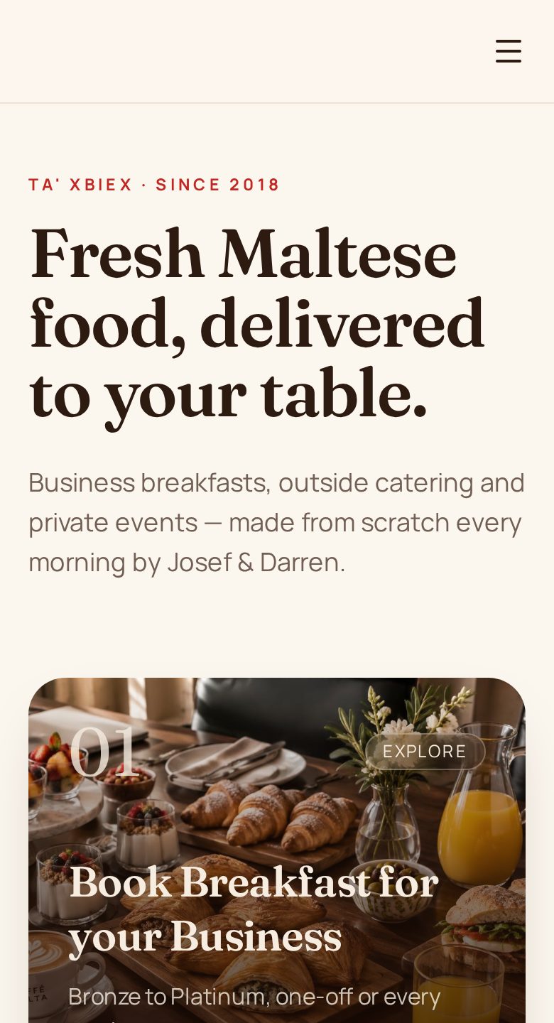 The same catering website on a phone