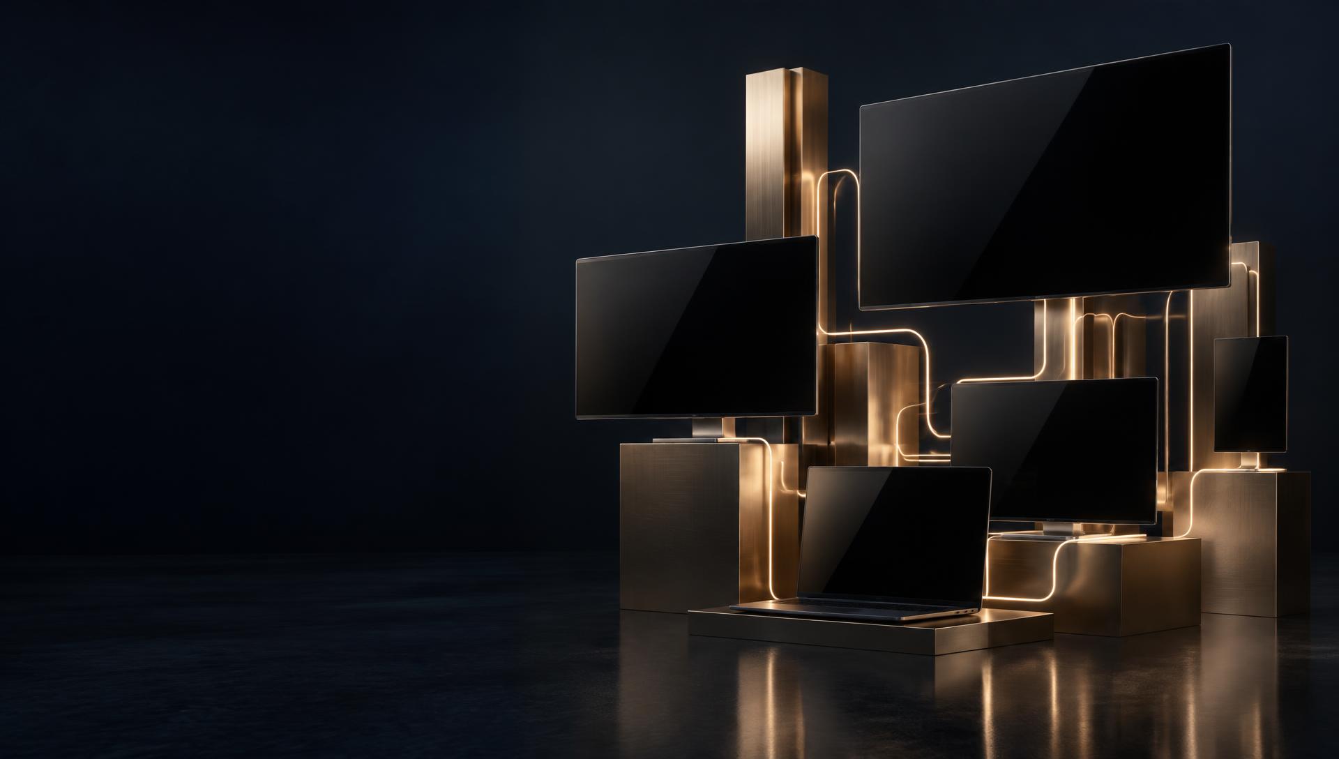Precision glass and brushed gold structures connected into one system